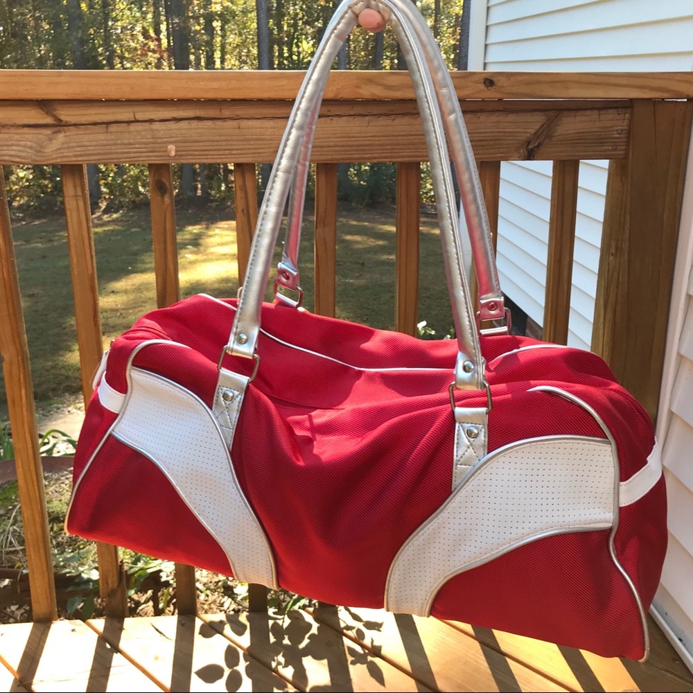 Bowling Bag Style Overnight Tote Red White Silver